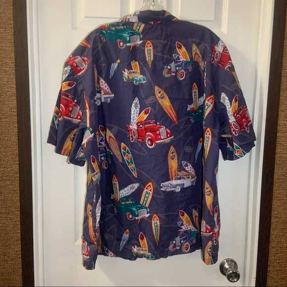 KY’s Blue Multicolor Hot Rod/Surf Board Print Button Up Shirt 2XL - Picture 9 of 9